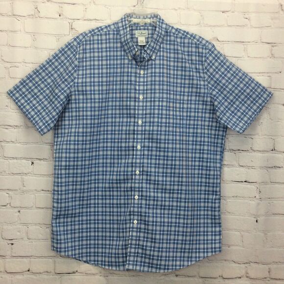 LL Bean Button Down Shirt Men' Size XLT Blue Plaid Casual Travel Slightly Fitted - Picture 1 of 5